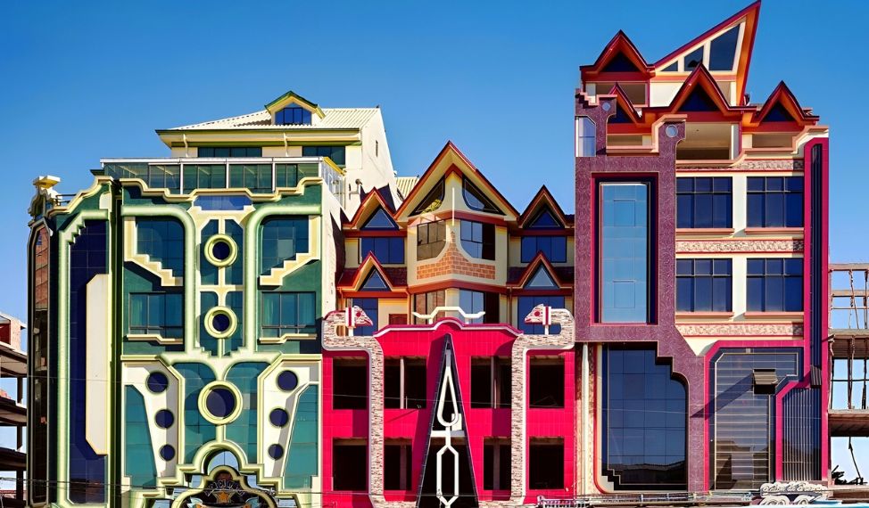 Sogenannte “Cholets” prägen das Bild El Alto’s. Als Aushängeschild eines neuen neo-andinen Architekturstils verbinden sich in ihnen traditionelle Formen und Farben mit futuristischer Bauweise. Foto: Parallelepiped09 / Wikipedia / CC BY-SA 4.0 / https://commons.wikimedia.org/w/index.php?curid=175245835